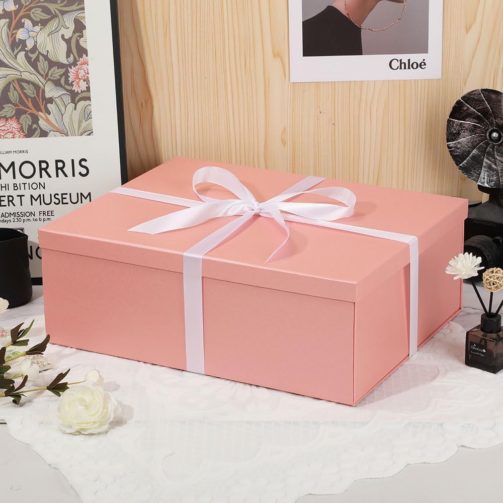 Extra Large Gift Box with Lid 17x13x6 Inches, Pink Gift Boxes for presents Packaging for Birthdays, Valentine's Day, Christmas, Anniversaries (Include Shredded Paper Fill, Envelope Card Ribbon)