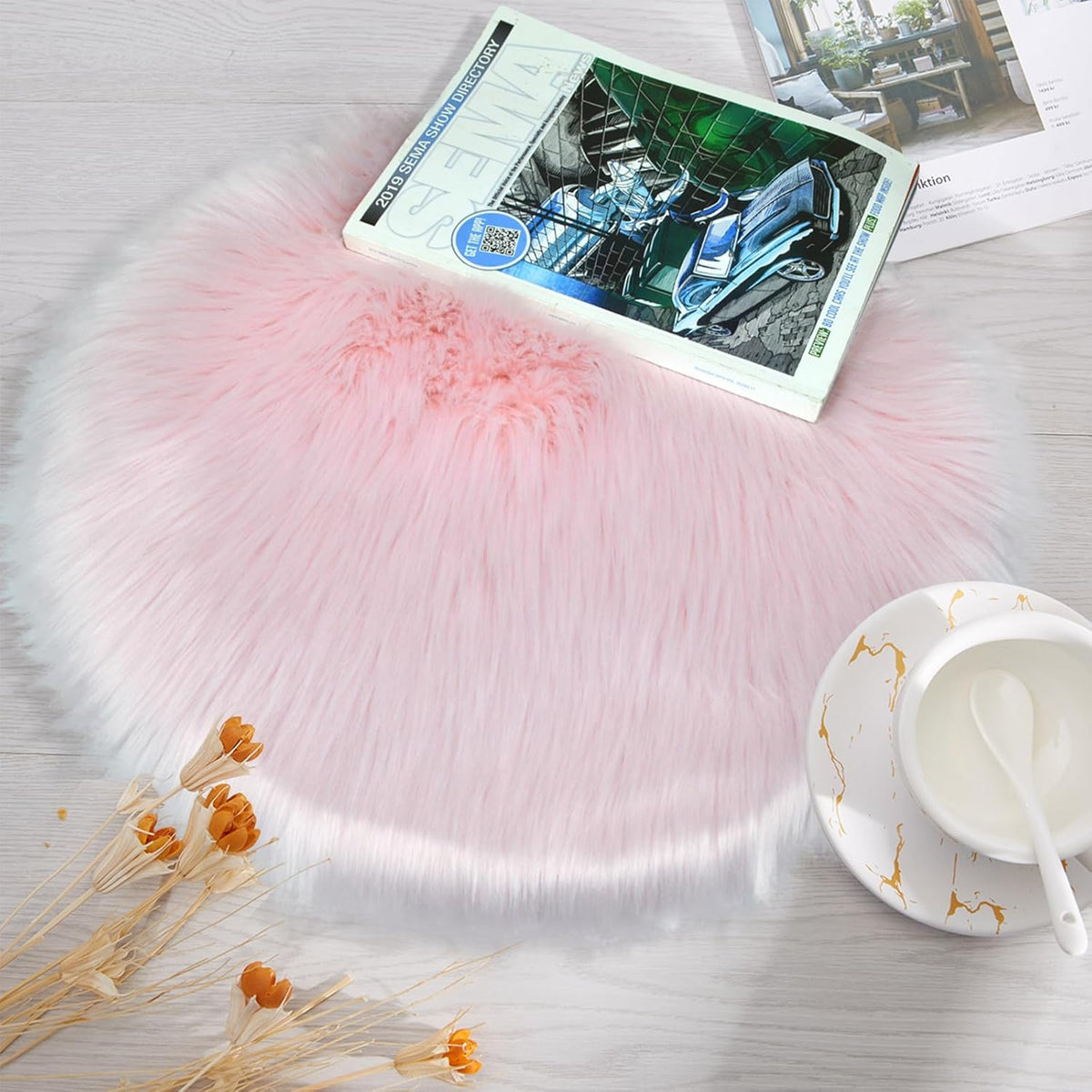 18" x 18" Round Faux Sheepskin Chair Cover Seat Cushion Pad Super Fluffy Soft Fur Rug for Vanity Chair, Car Seat, Sofa, Living Room, Office (Pink)