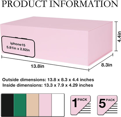 LFBOX Pink Gift Box with Magnetic Lids 13.8x8.3x4.4 in, Large Bridesmaid Groomsman Proposal Boxes 5 Pack, Collapsible Rectangle Storage Box