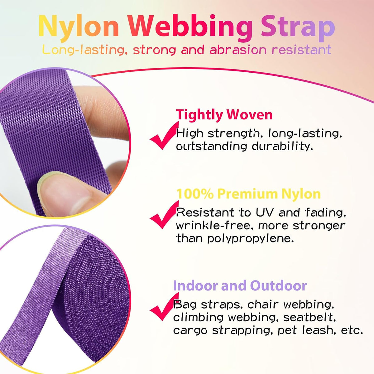 Nylon Webbing 1 inch 1.5 inch Nylon Strap Webbing Straps, 3.3 10 25 50 Yards Webbing Strapping for Bags/Lawn Chair/Climbing Outdoors Crafting DIY Gear Repair