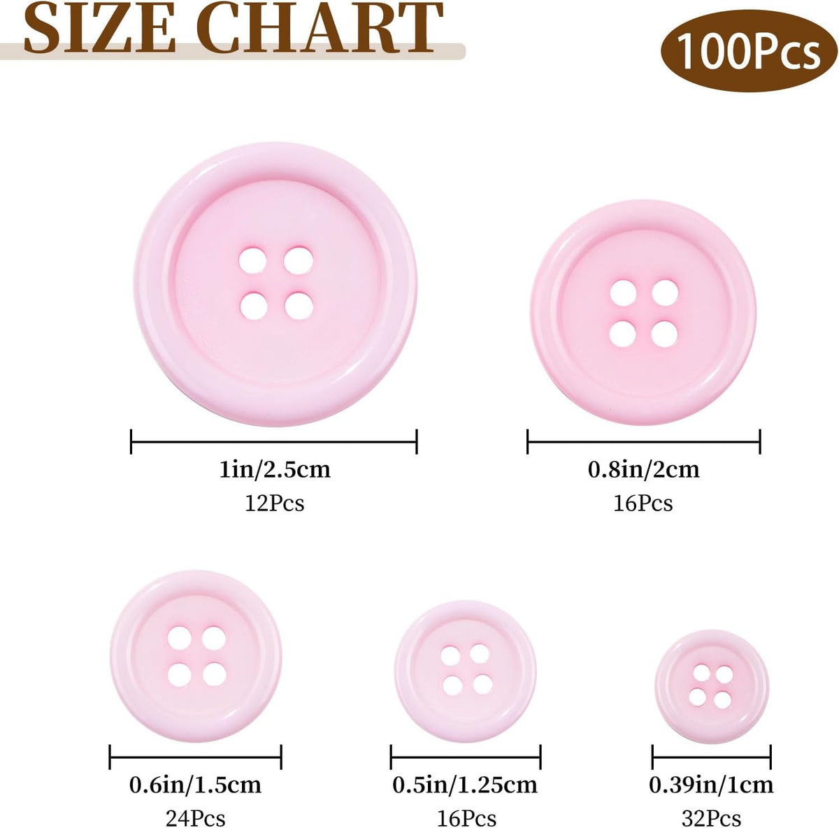 100 PCS Resin Button 4 Holes Round Craft 5 Sizes of Round Mixed Buttons for Sewing DIY Crafts Children's Manual Button Painting Handmade Ornament Decorative（Light Pink）