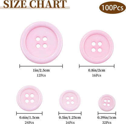 100 PCS Resin Button 4 Holes Round Craft 5 Sizes of Round Mixed Buttons for Sewing DIY Crafts Children's Manual Button Painting Handmade Ornament Decorative（Light Pink）