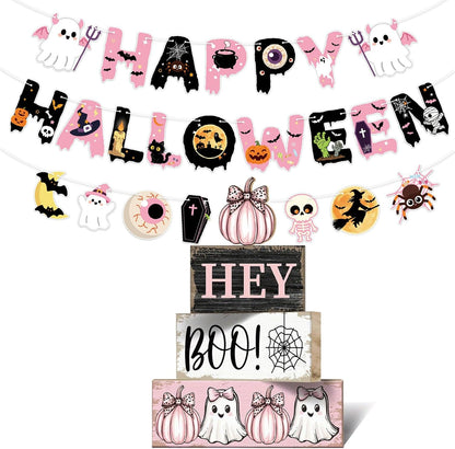 Pink Halloween Decorations Set, Hey Boo Wooden Tiered Tray Sign and Happy Halloween Banner, Cute Ghost Pumpkin Pink Halloween Banner for Home Mantel Table Indoor Party Decor
