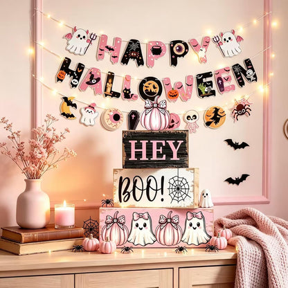 Pink Halloween Decorations Set, Hey Boo Wooden Tiered Tray Sign and Happy Halloween Banner, Cute Ghost Pumpkin Pink Halloween Banner for Home Mantel Table Indoor Party Decor