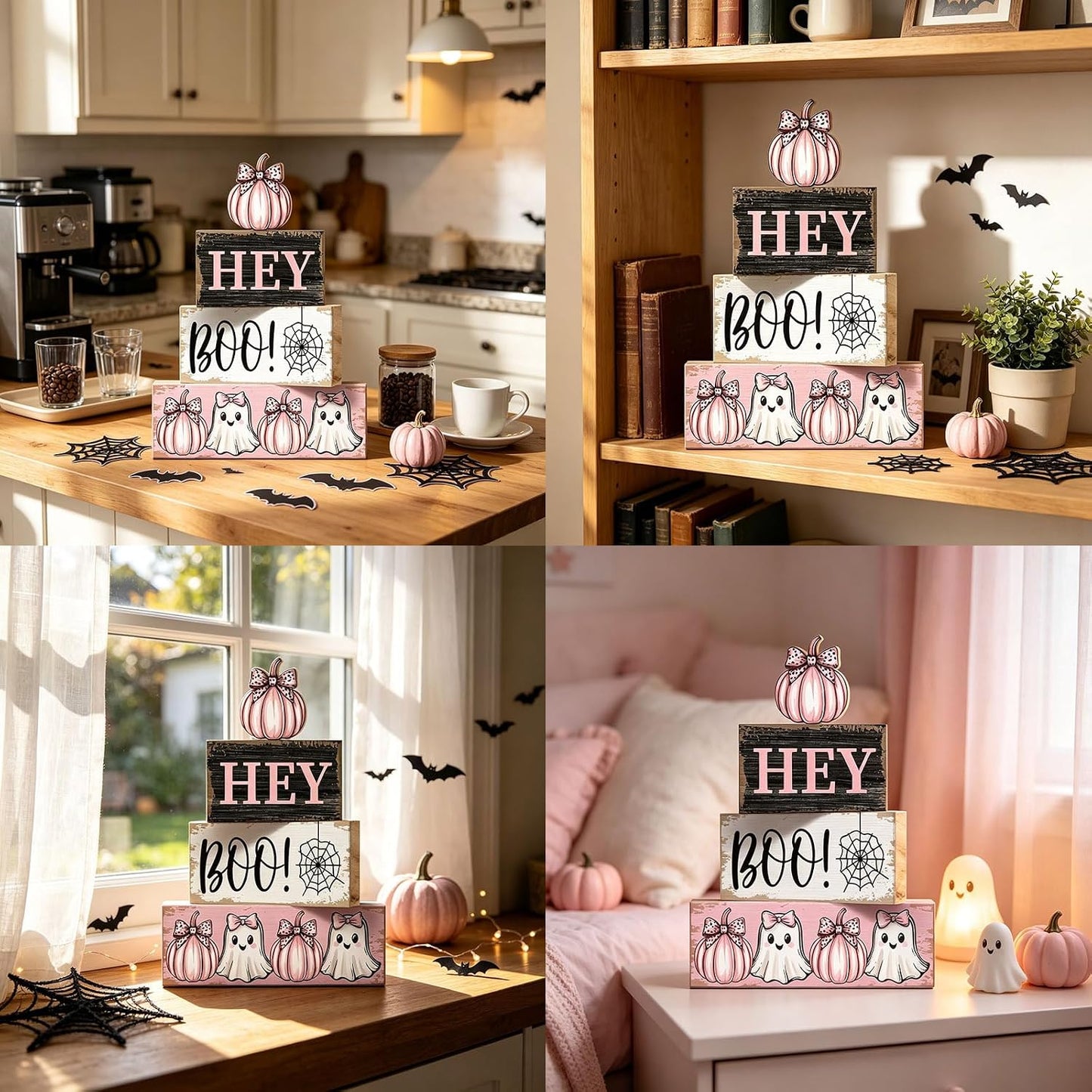 Pink Halloween Decorations Set, Hey Boo Wooden Tiered Tray Sign and Happy Halloween Banner, Cute Ghost Pumpkin Pink Halloween Banner for Home Mantel Table Indoor Party Decor