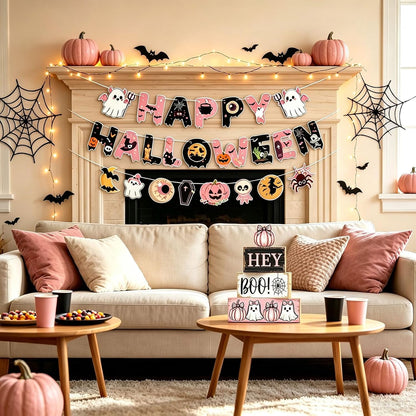 Pink Halloween Decorations Set, Hey Boo Wooden Tiered Tray Sign and Happy Halloween Banner, Cute Ghost Pumpkin Pink Halloween Banner for Home Mantel Table Indoor Party Decor
