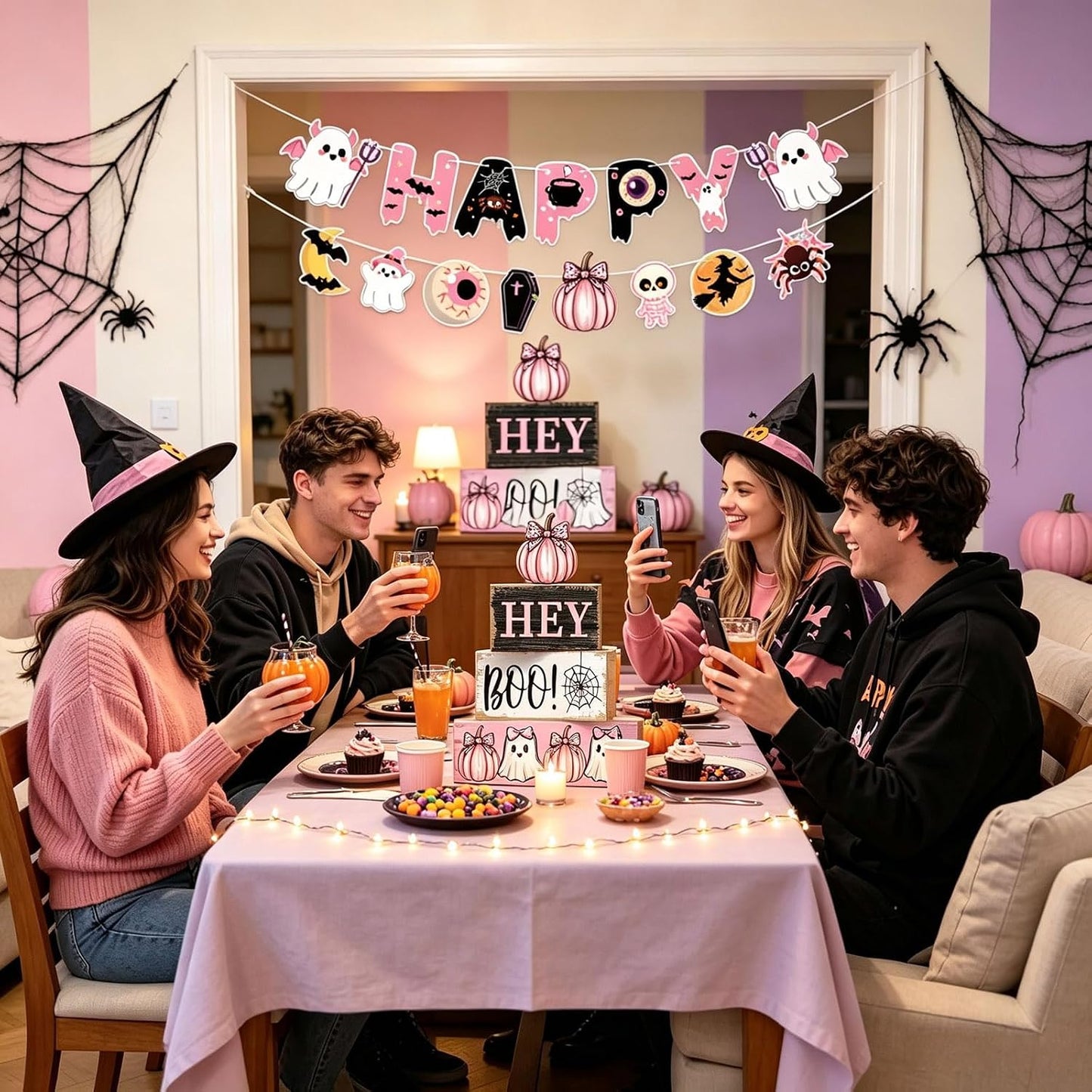 Pink Halloween Decorations Set, Hey Boo Wooden Tiered Tray Sign and Happy Halloween Banner, Cute Ghost Pumpkin Pink Halloween Banner for Home Mantel Table Indoor Party Decor