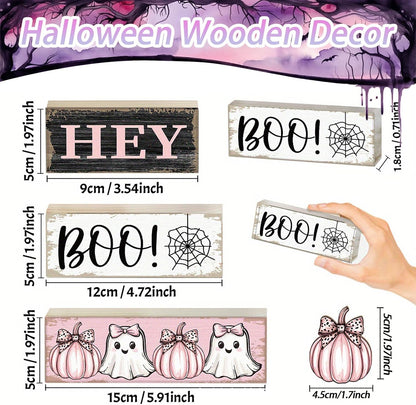 Pink Halloween Decorations Set, Hey Boo Wooden Tiered Tray Sign and Happy Halloween Banner, Cute Ghost Pumpkin Pink Halloween Banner for Home Mantel Table Indoor Party Decor