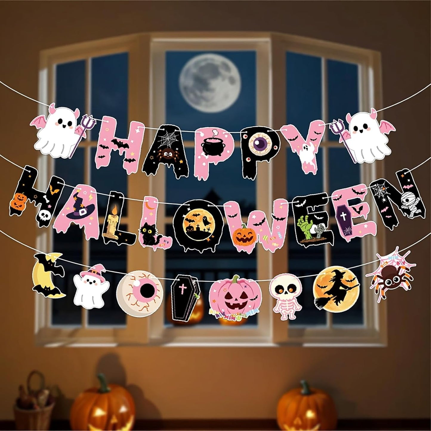 Pink Halloween Decorations Set, Hey Boo Wooden Tiered Tray Sign and Happy Halloween Banner, Cute Ghost Pumpkin Pink Halloween Banner for Home Mantel Table Indoor Party Decor