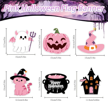 Pink Halloween Decorations Set, Hey Boo Wooden Tiered Tray Sign and Happy Halloween Banner, Cute Ghost Pumpkin Pink Halloween Banner for Home Mantel Table Indoor Party Decor