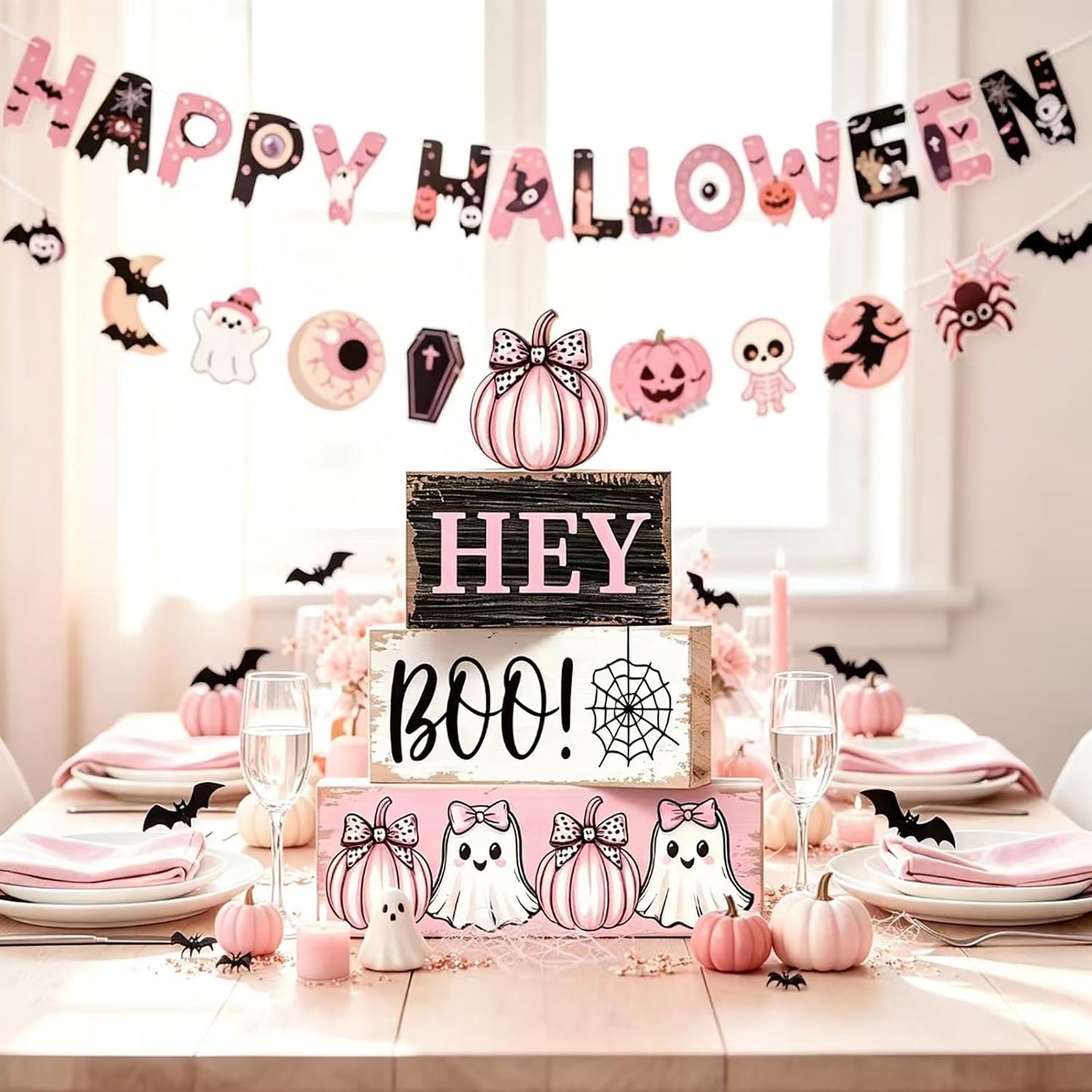 Pink Halloween Decorations Set, Hey Boo Wooden Tiered Tray Sign and Happy Halloween Banner, Cute Ghost Pumpkin Pink Halloween Banner for Home Mantel Table Indoor Party Decor