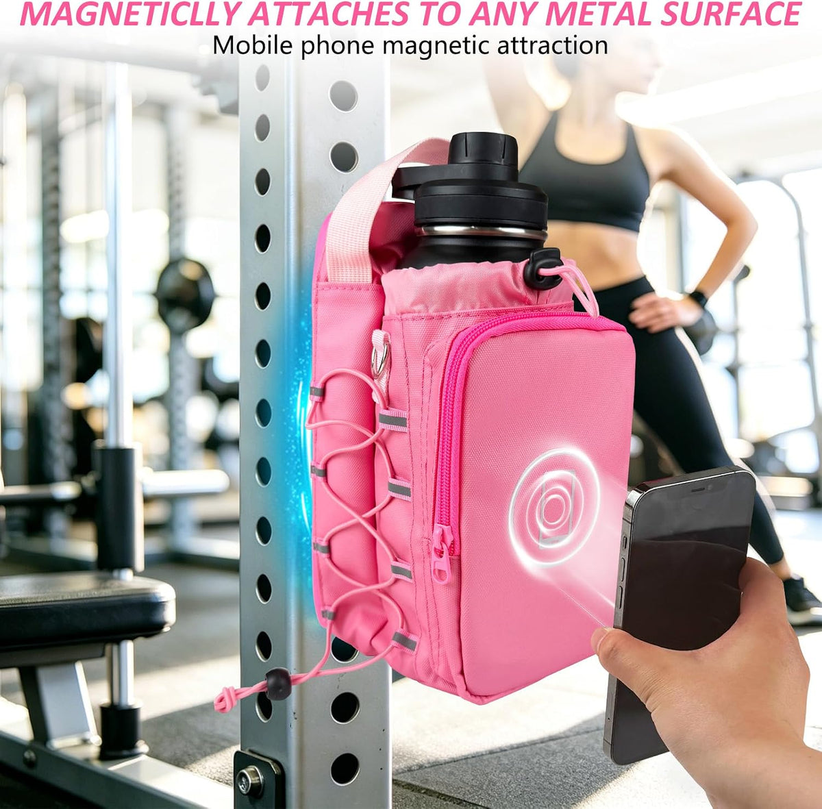 Magnetic Gym Bag, Water Bottle Holder,Hands-Free Phone Mount,Gym Gifts for Women and Men (Pink)