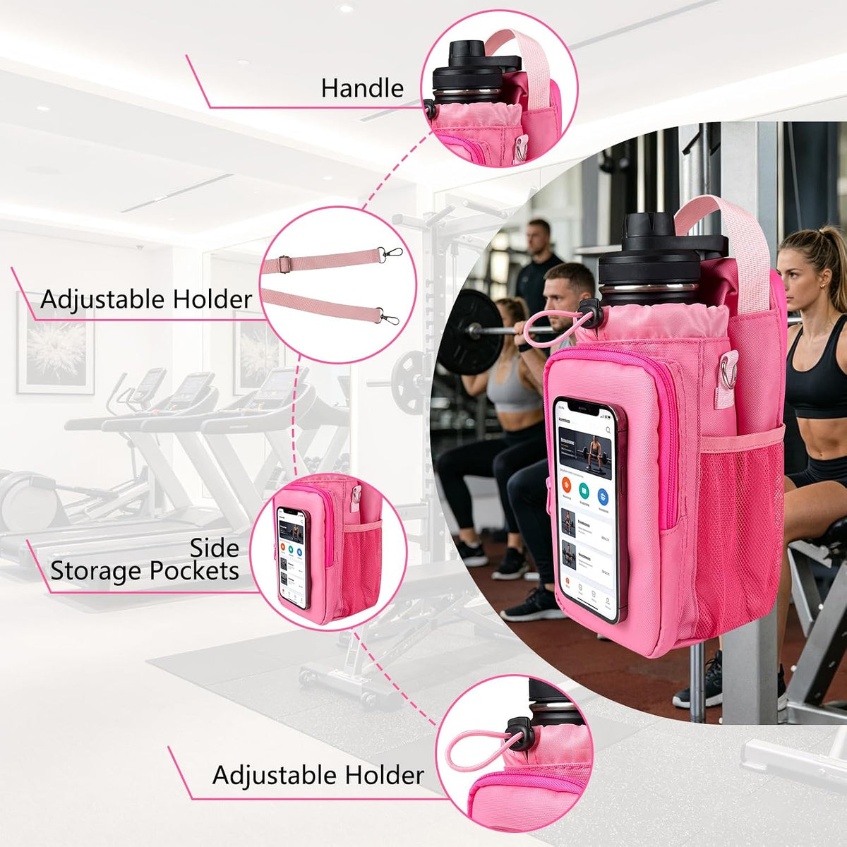 Magnetic Gym Bag, Water Bottle Holder,Hands-Free Phone Mount,Gym Gifts for Women and Men (Pink)