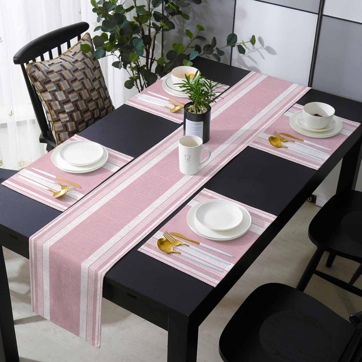 Vintage Pink Striped Table Runner and Placemats for Dining Table,Burlap Coffee Table Runner 90 Inch Long Farmhouse Modern Stripes Boho Washable Table Mats for Kitchen Party Placemats Set of 6