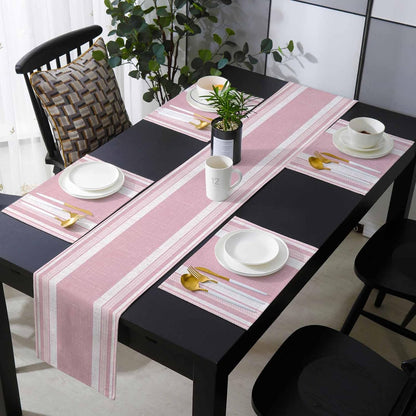 Vintage Pink Striped Table Runner and Placemats for Dining Table,Burlap Coffee Table Runner 90 Inch Long Farmhouse Modern Stripes Boho Washable Table Mats for Kitchen Party Placemats Set of 6