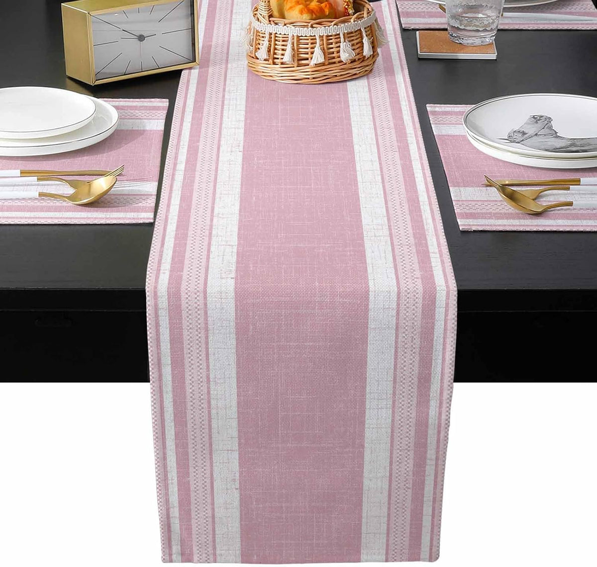 Vintage Pink Striped Table Runner and Placemats for Dining Table,Burlap Coffee Table Runner 90 Inch Long Farmhouse Modern Stripes Boho Washable Table Mats for Kitchen Party Placemats Set of 6