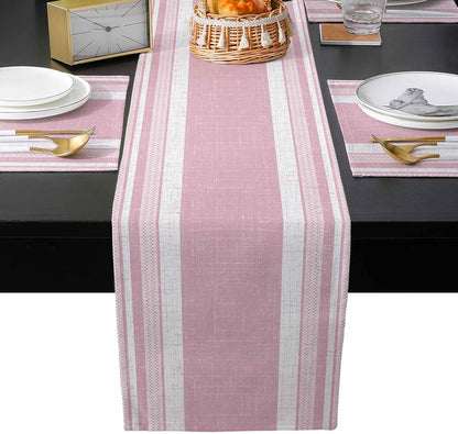 Vintage Pink Striped Table Runner and Placemats for Dining Table,Burlap Coffee Table Runner 90 Inch Long Farmhouse Modern Stripes Boho Washable Table Mats for Kitchen Party Placemats Set of 6