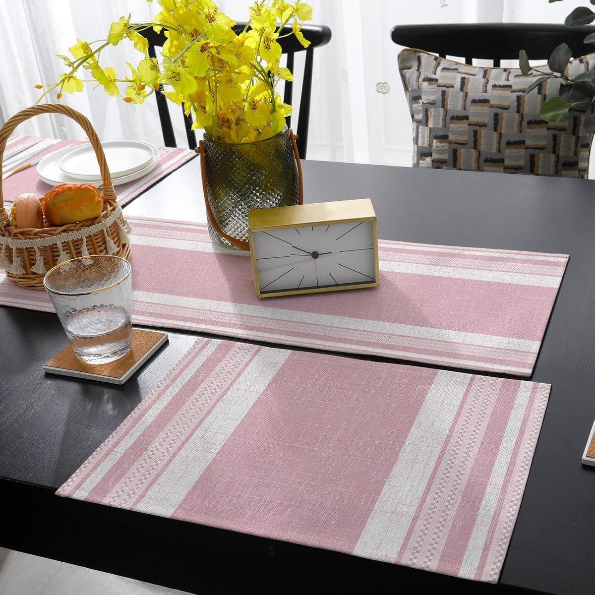 Vintage Pink Striped Table Runner and Placemats for Dining Table,Burlap Coffee Table Runner 90 Inch Long Farmhouse Modern Stripes Boho Washable Table Mats for Kitchen Party Placemats Set of 6