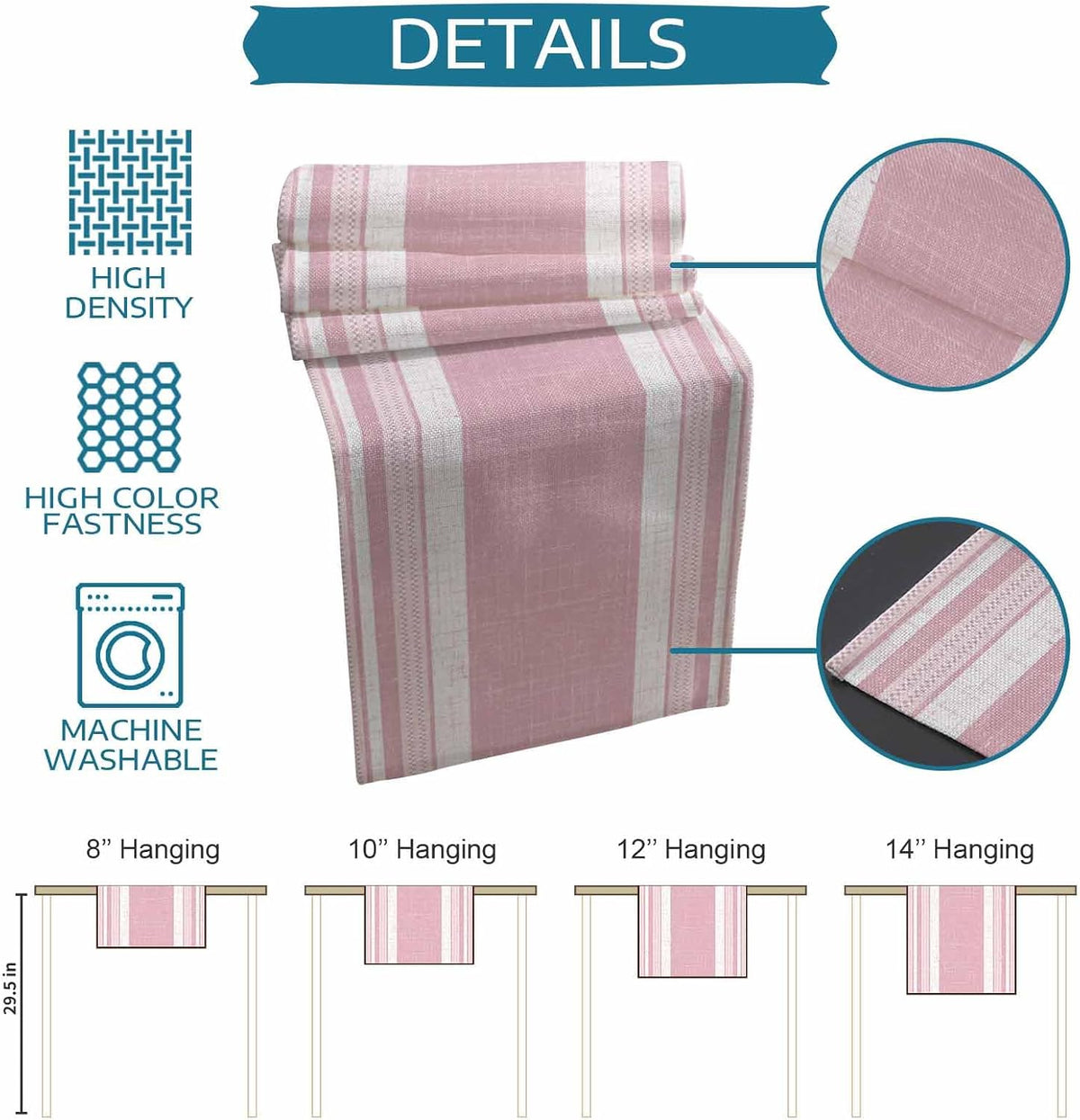Vintage Pink Striped Table Runner and Placemats for Dining Table,Burlap Coffee Table Runner 90 Inch Long Farmhouse Modern Stripes Boho Washable Table Mats for Kitchen Party Placemats Set of 6