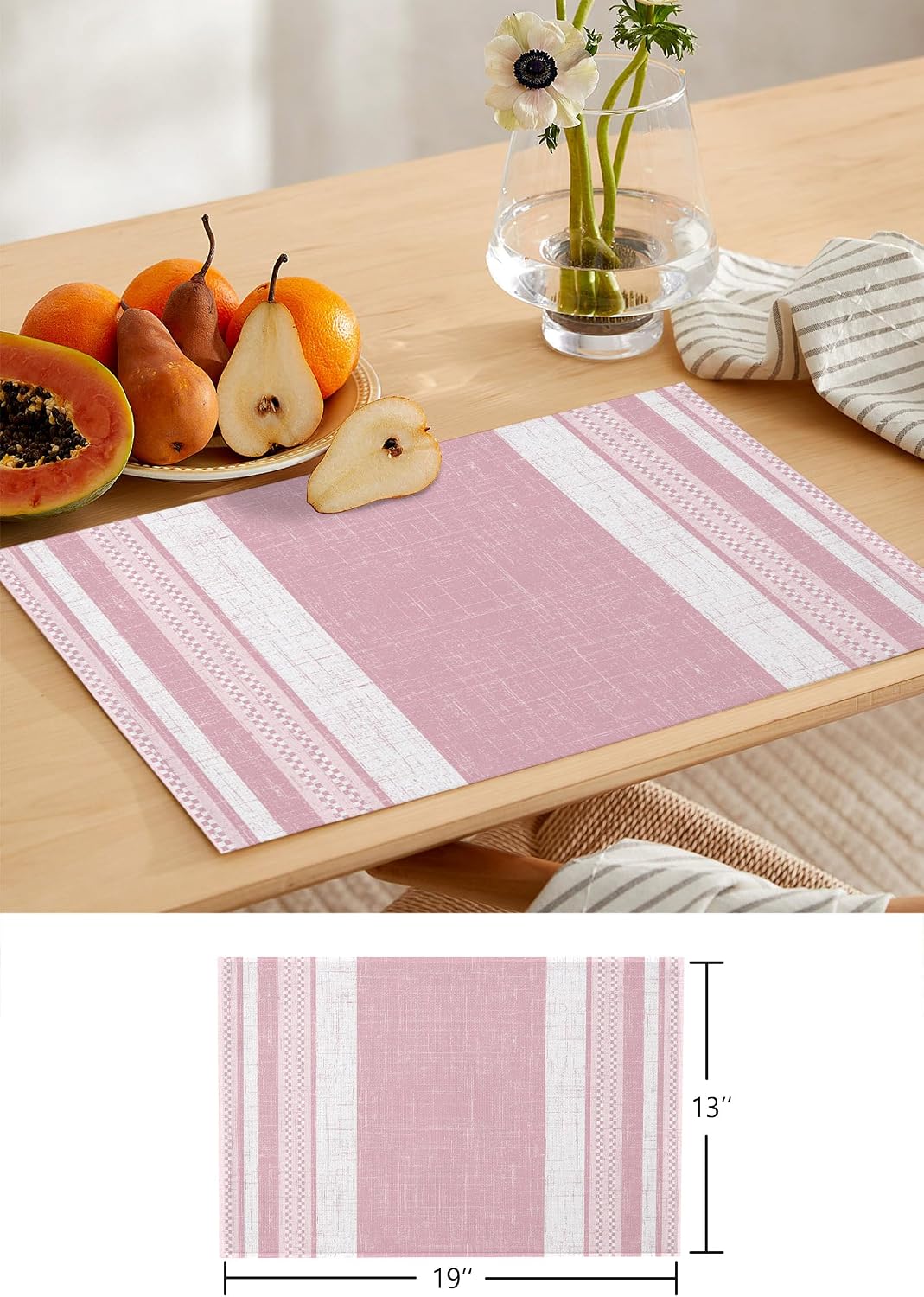 Vintage Pink Striped Table Runner and Placemats for Dining Table,Burlap Coffee Table Runner 90 Inch Long Farmhouse Modern Stripes Boho Washable Table Mats for Kitchen Party Placemats Set of 6