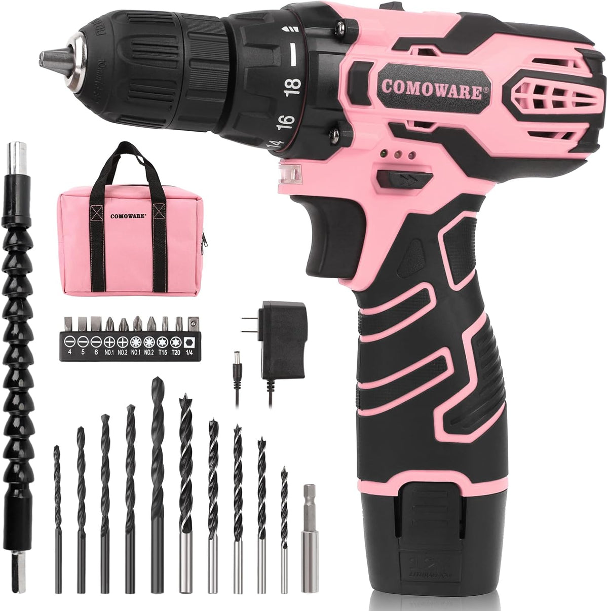Pink Cordless Drill Set for Women, 12V Lightweight Electric Screwdriver with 3/8" Keyless Chuck, 1.5Ah Battery - Portable Power Drill Kit with Pink Tool Bag for Home DIY Projects