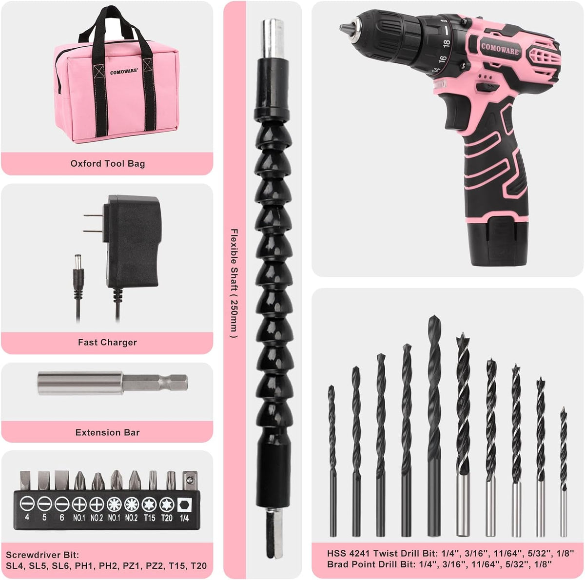 Pink Cordless Drill Set for Women, 12V Lightweight Electric Screwdriver with 3/8" Keyless Chuck, 1.5Ah Battery - Portable Power Drill Kit with Pink Tool Bag for Home DIY Projects