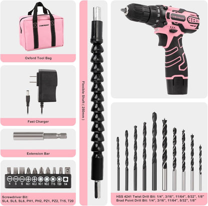 Pink Cordless Drill Set for Women, 12V Lightweight Electric Screwdriver with 3/8" Keyless Chuck, 1.5Ah Battery - Portable Power Drill Kit with Pink Tool Bag for Home DIY Projects