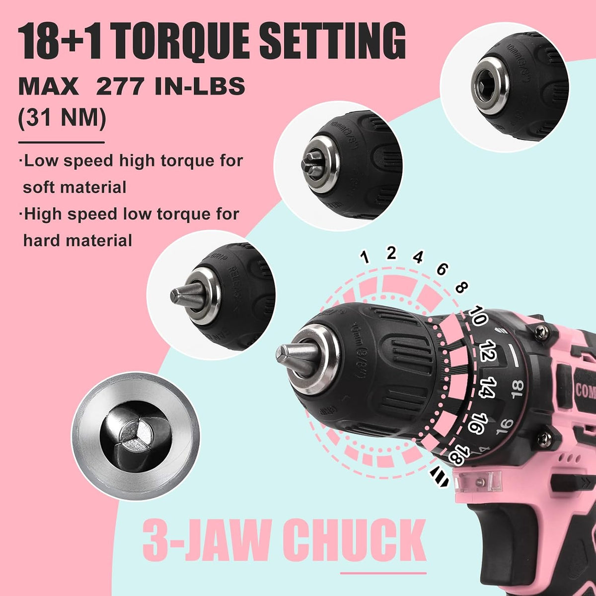 Pink Cordless Drill Set for Women, 12V Lightweight Electric Screwdriver with 3/8" Keyless Chuck, 1.5Ah Battery - Portable Power Drill Kit with Pink Tool Bag for Home DIY Projects