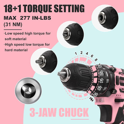 Pink Cordless Drill Set for Women, 12V Lightweight Electric Screwdriver with 3/8" Keyless Chuck, 1.5Ah Battery - Portable Power Drill Kit with Pink Tool Bag for Home DIY Projects
