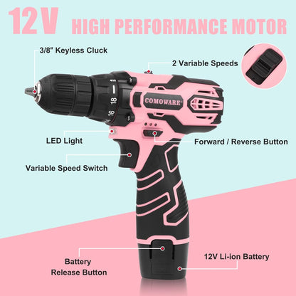 Pink Cordless Drill Set for Women, 12V Lightweight Electric Screwdriver with 3/8" Keyless Chuck, 1.5Ah Battery - Portable Power Drill Kit with Pink Tool Bag for Home DIY Projects