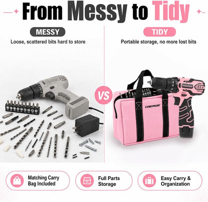 Pink Cordless Drill Set for Women, 12V Lightweight Electric Screwdriver with 3/8" Keyless Chuck, 1.5Ah Battery - Portable Power Drill Kit with Pink Tool Bag for Home DIY Projects