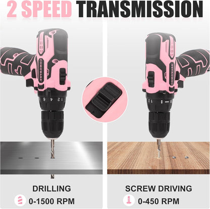 Pink Cordless Drill Set for Women, 12V Lightweight Electric Screwdriver with 3/8" Keyless Chuck, 1.5Ah Battery - Portable Power Drill Kit with Pink Tool Bag for Home DIY Projects