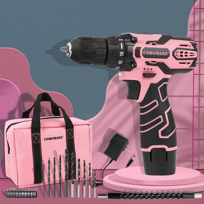 Pink Cordless Drill Set for Women, 12V Lightweight Electric Screwdriver with 3/8" Keyless Chuck, 1.5Ah Battery - Portable Power Drill Kit with Pink Tool Bag for Home DIY Projects