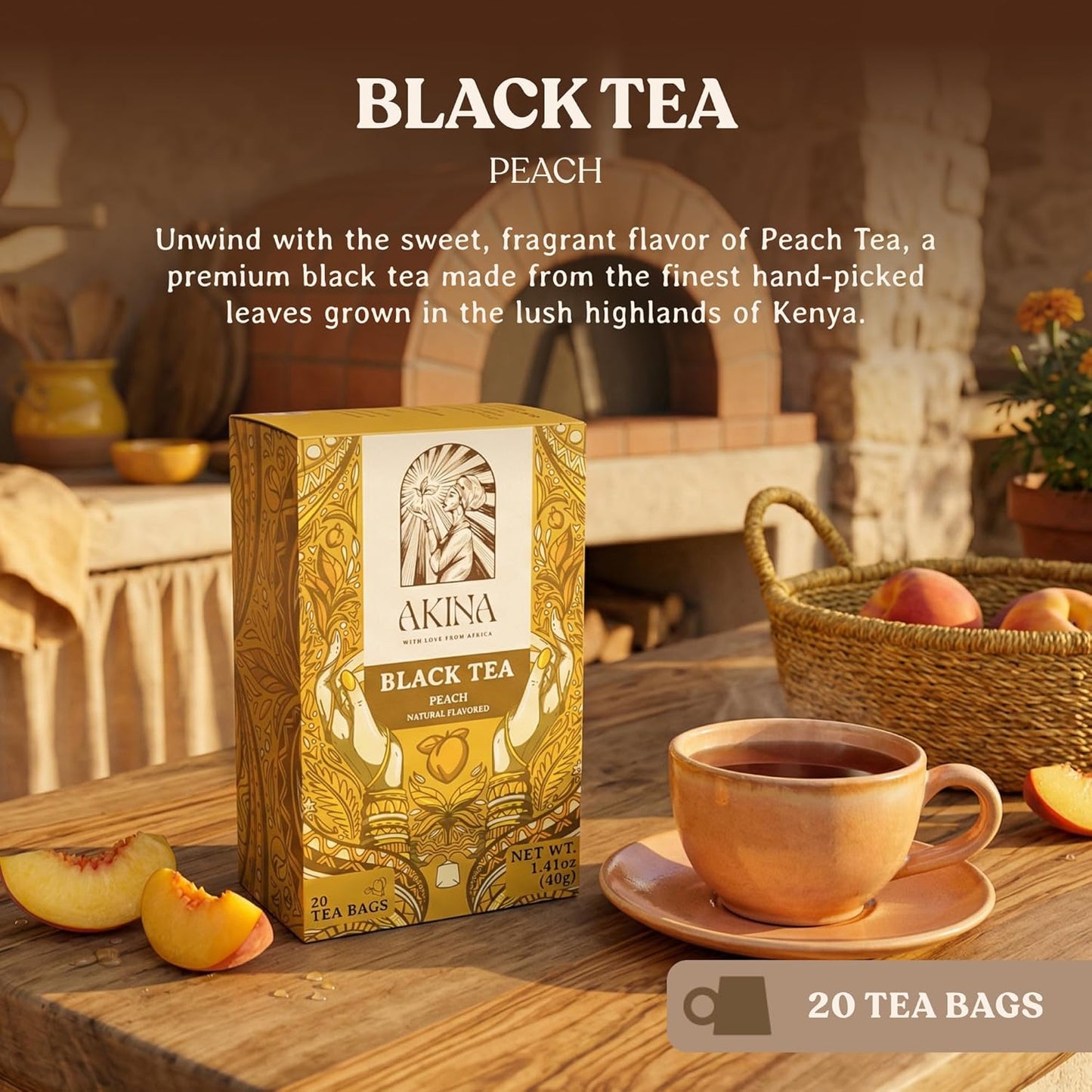 Peach Flavored Black Tea Bags, Individually Wrapped, Fruity Envelope Kenyan Peach Tea Bags, Sweet with Uplifting Aroma (Box of 20) (40g)