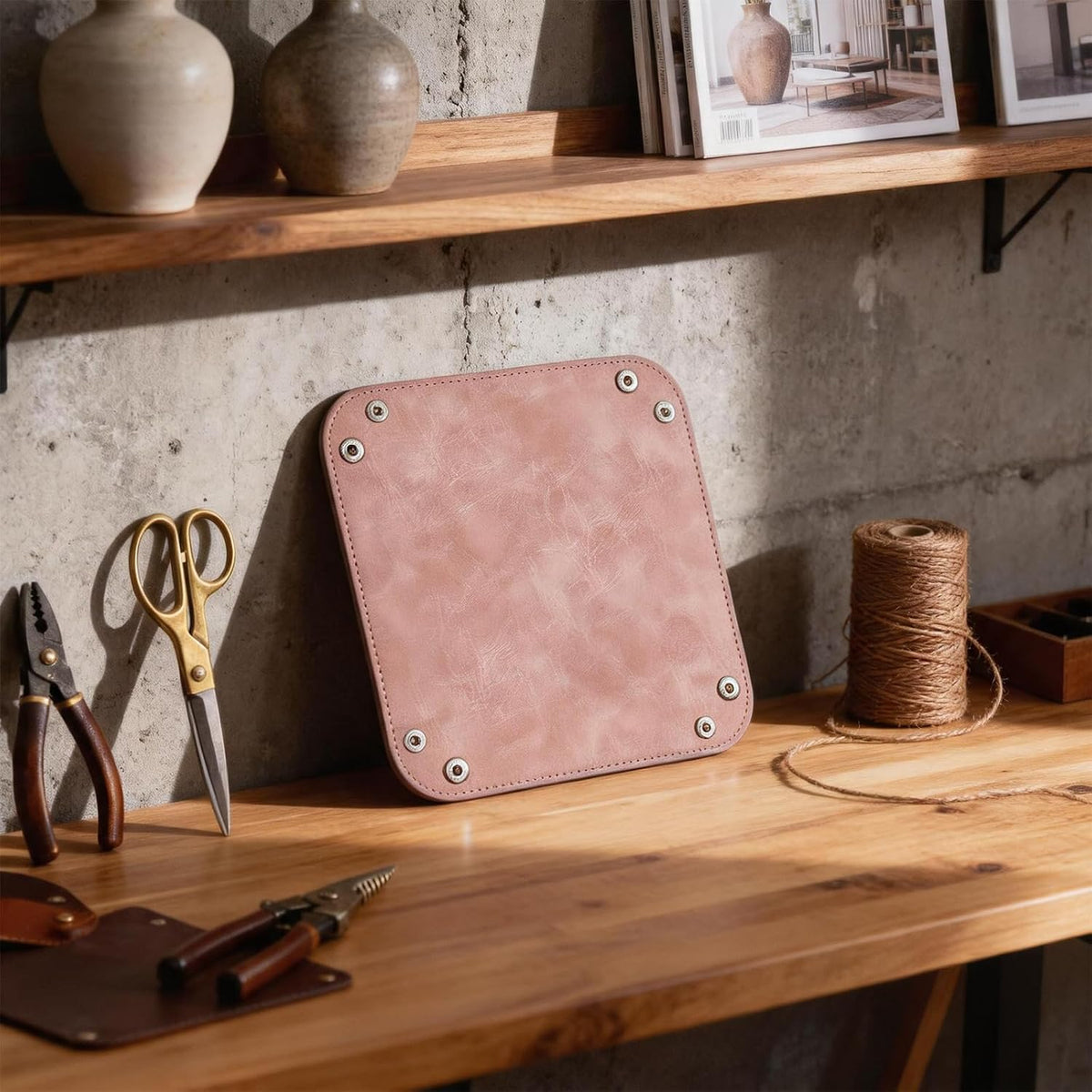 Valet Tray Desktop Storage Organizer – Vegan Leather Catchall Bedside Vanity Tray Nightstand Caddy Holder for Remote Controller, Watch, Keys, Phone, Wallet, Coin, Jewelry, Stone Pink