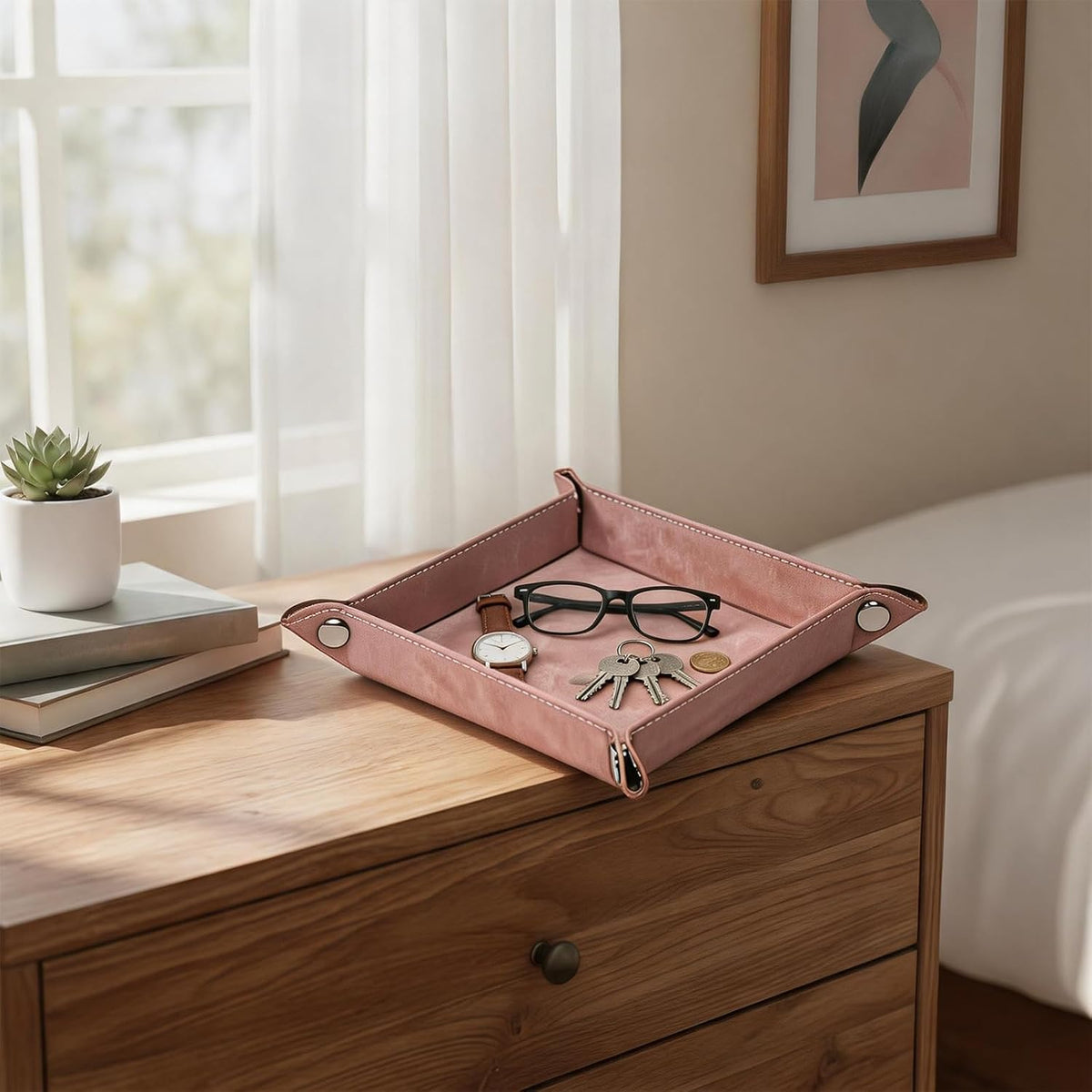 Valet Tray Desktop Storage Organizer – Vegan Leather Catchall Bedside Vanity Tray Nightstand Caddy Holder for Remote Controller, Watch, Keys, Phone, Wallet, Coin, Jewelry, Stone Pink