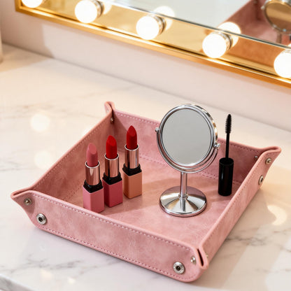 Valet Tray Desktop Storage Organizer – Vegan Leather Catchall Bedside Vanity Tray Nightstand Caddy Holder for Remote Controller, Watch, Keys, Phone, Wallet, Coin, Jewelry, Stone Pink