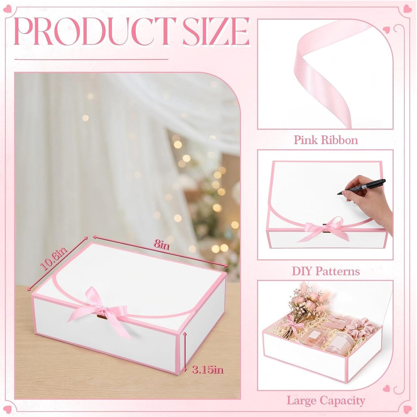 12 Pcs Bridesmaid Proposal Box with Ribbon, 10.6 x 8 x 3.15 Inch Gift Boxes with Lids Paper Gift Boxes for Wedding Baby Shower Birthday Party Present Packaging (White,Pink)
