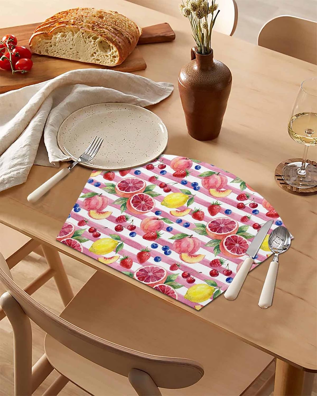 Round Table Placemat Wedge Placemats Set of 6,Summer Peach Lemon Grapefruit Placemat Washable Table Mats,Blueberry Strawberry Pink Stripe Fan Shaped Place Mats for Kitchen Dinner Party Decor