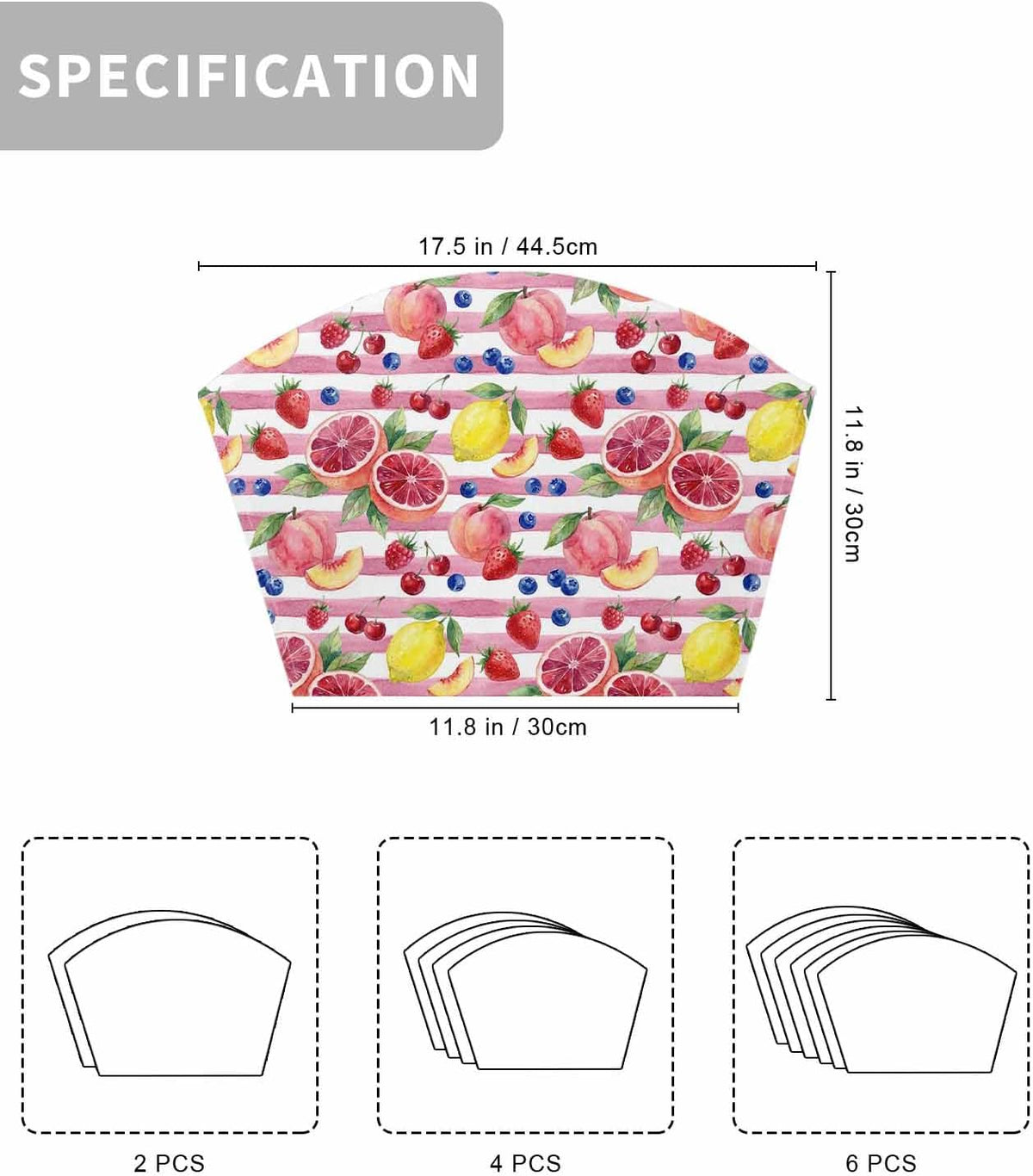 Round Table Placemat Wedge Placemats Set of 6,Summer Peach Lemon Grapefruit Placemat Washable Table Mats,Blueberry Strawberry Pink Stripe Fan Shaped Place Mats for Kitchen Dinner Party Decor