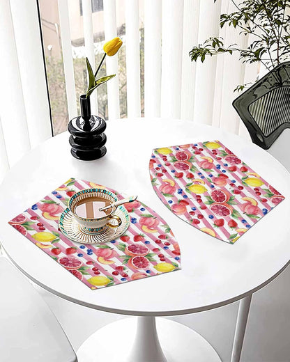 Round Table Placemat Wedge Placemats Set of 6,Summer Peach Lemon Grapefruit Placemat Washable Table Mats,Blueberry Strawberry Pink Stripe Fan Shaped Place Mats for Kitchen Dinner Party Decor