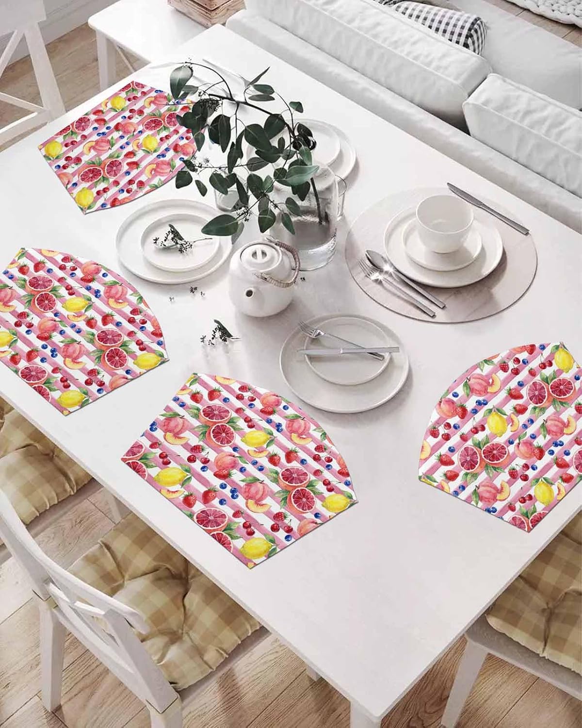 Round Table Placemat Wedge Placemats Set of 6,Summer Peach Lemon Grapefruit Placemat Washable Table Mats,Blueberry Strawberry Pink Stripe Fan Shaped Place Mats for Kitchen Dinner Party Decor