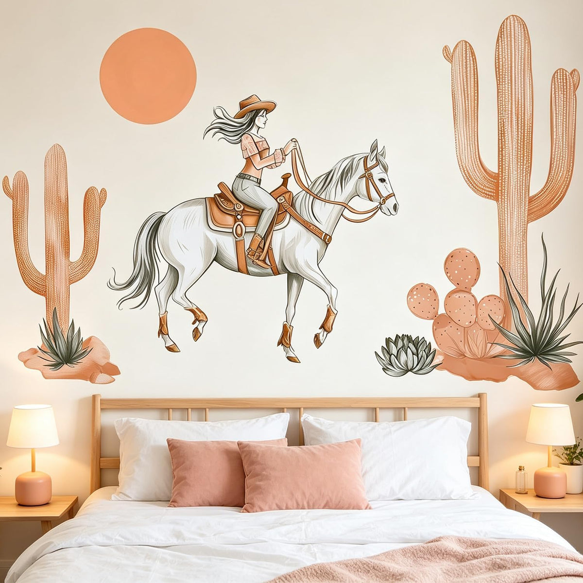 Western Cowgirl Horse Cactus Wall Decals, Boho Desert Wall Decor Stickers