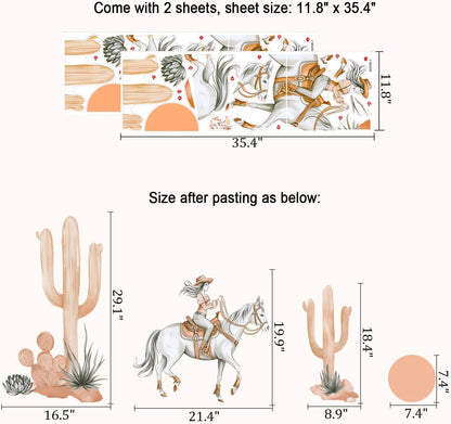 Western Cowgirl Horse Cactus Wall Decals, Boho Desert Wall Decor Stickers