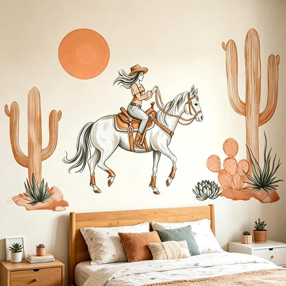 Western Cowgirl Horse Cactus Wall Decals, Boho Desert Wall Decor Stickers