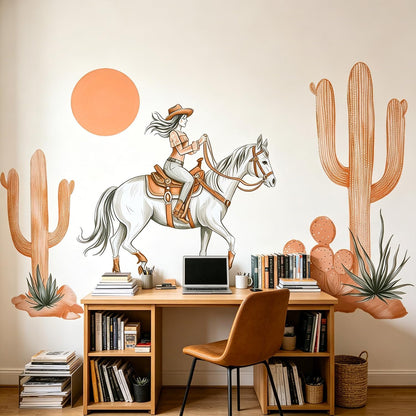 Western Cowgirl Horse Cactus Wall Decals, Boho Desert Wall Decor Stickers