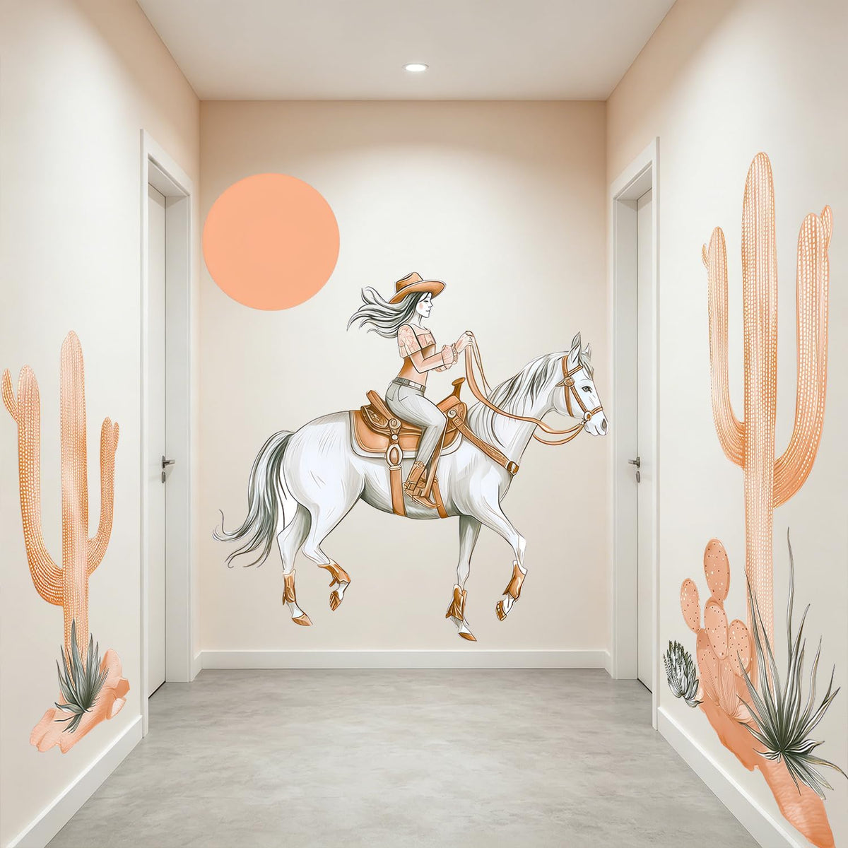Western Cowgirl Horse Cactus Wall Decals, Boho Desert Wall Decor Stickers