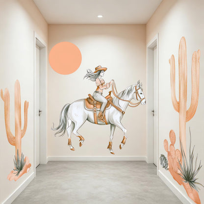 Western Cowgirl Horse Cactus Wall Decals, Boho Desert Wall Decor Stickers