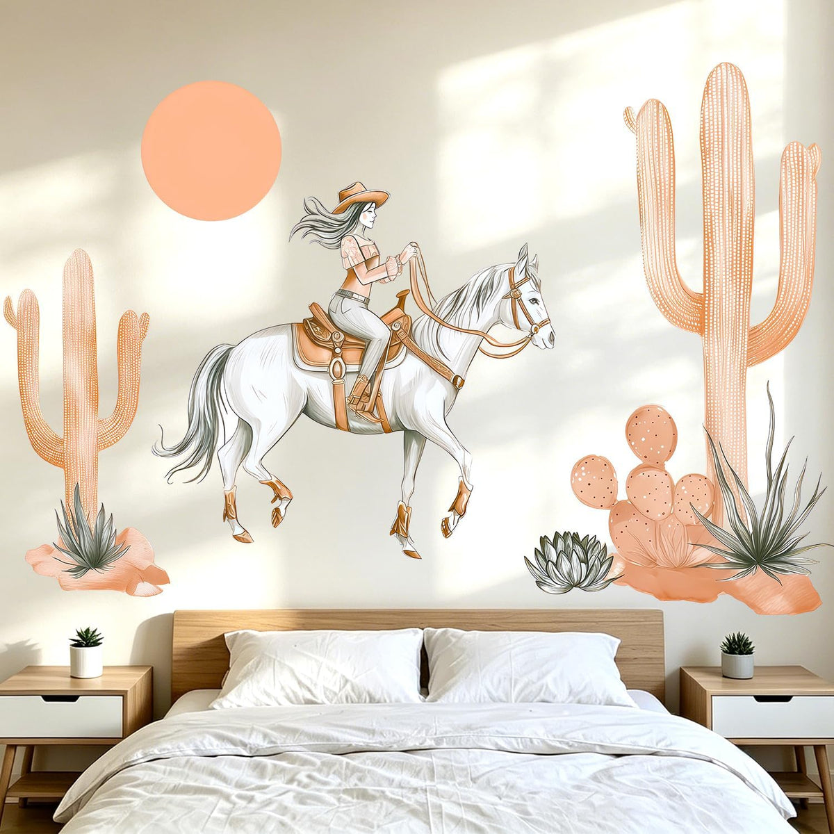 Western Cowgirl Horse Cactus Wall Decals, Boho Desert Wall Decor Stickers
