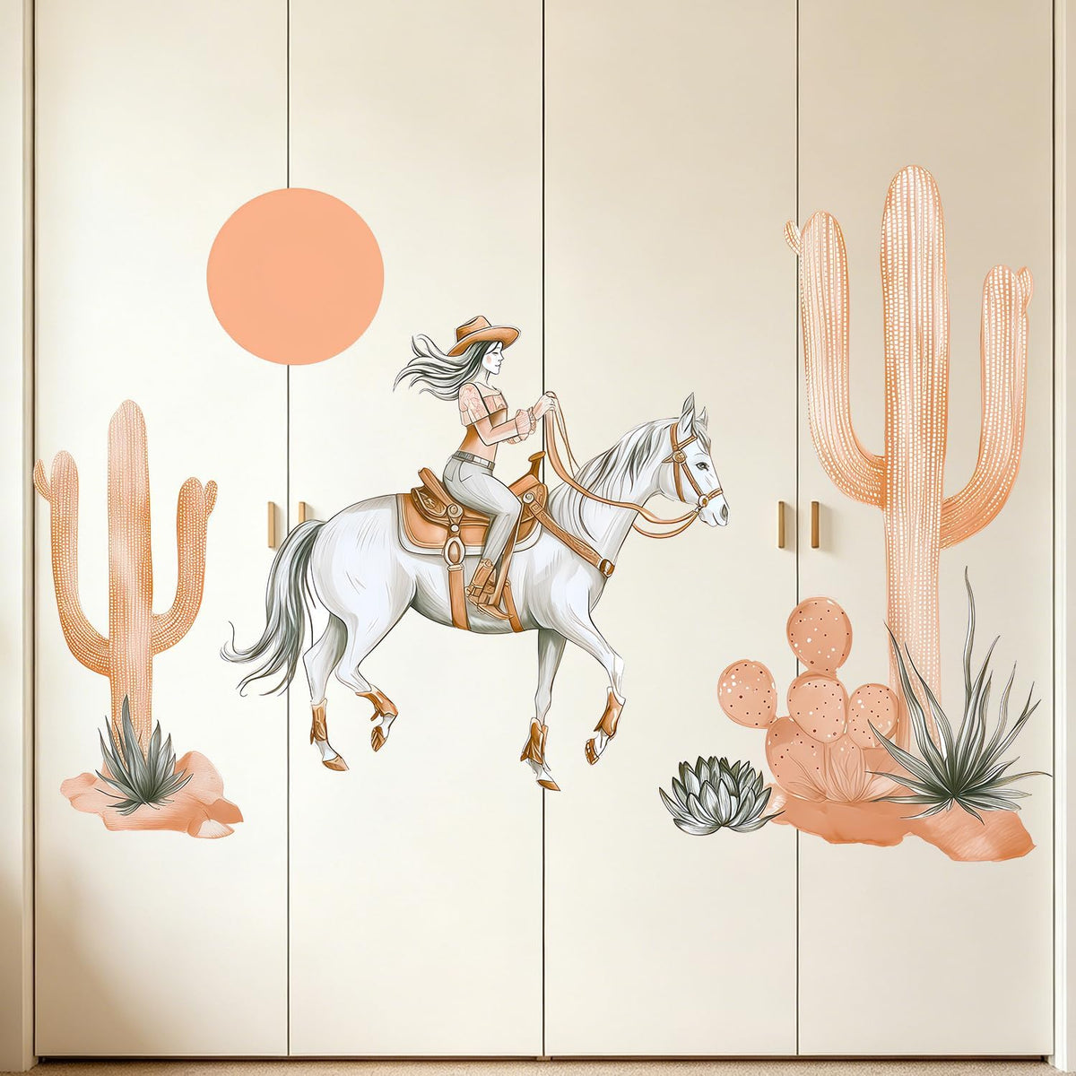 Western Cowgirl Horse Cactus Wall Decals, Boho Desert Wall Decor Stickers